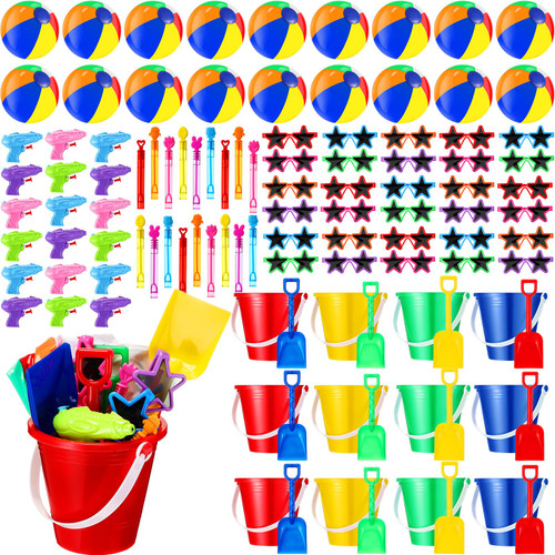 Realspring 90 Pcs Pool Beach Party Favors Bulk Summer Beach Party Favors for Kids Sand Bucket and Shovels Set Inflatable Beach Balls Neon Sunglasses Mini Water Guns Bubble Wands Bulk for Birthday Pool