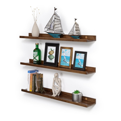 AZSKY 24 Inch Wood Floating Shelves with Ledge Picture Ledge Shelf Light Walnut for Photos on Wall Floating Book Shelf with Lip Set of 3 Wall Mounted Shelves for Living Room Bedroom Bathroom Kitchen