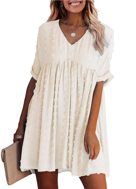 KIRUNDO Womens Summer Dresses 2024 Casual V Neck Short Sleeve Swiss Dot Ruffle Loose Flowy Mini Babydoll Dress Maternity Dress (Apricot, Small) KIRUNDO Womens Summer Dresses 2024 Casual V Neck Short Sleeve Swiss Dot Ruffle Loose Flowy Mini Babydoll Dress Maternity Dress (Apricot, Small)