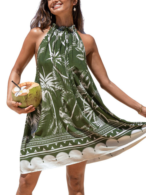 CUPSHE Women's Halter Dress Ruffled Sleeveless Leaf Printed Boho Loose Fit Summer Mini Dress Green Leaf, L