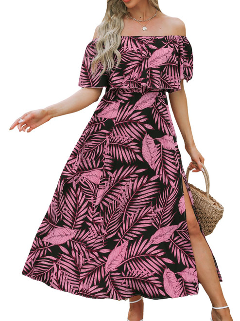CUPSHE Women's Dresses for Summer A Line Off Shoulder Ruffle Maxi Tropical Printed Dress Black Leaf, XL