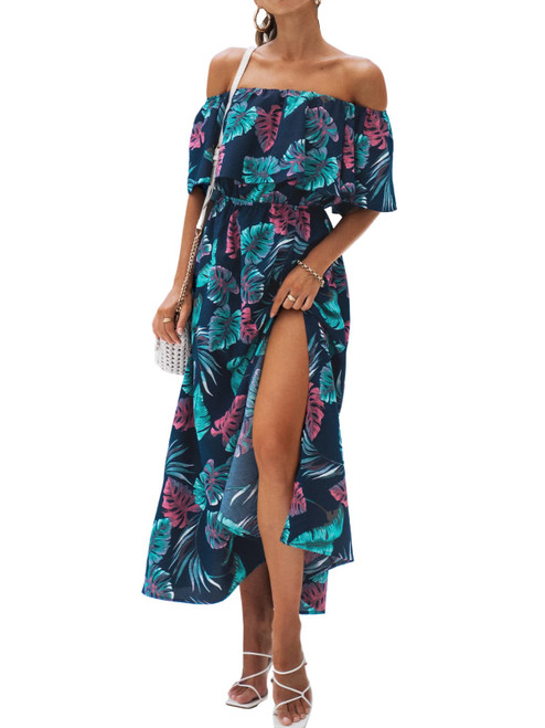 CUPSHE Dress for Women Summer A Shape Dresses Off Shoulder Sleeve Maxi Length Ruffle Fitted Waisted Tropical Printed, Blue L