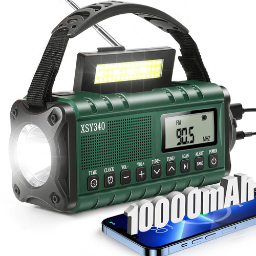 Emergency Radio, NOAA Weather Alert, Portable Solar Hand Crank AM/FM Radio for Survival,10000MAH Rechargeable Battery Powered Radio, USB-C Charger,Clock SOS Alarm & Flashlight,Reading Lamp,for Outdoor