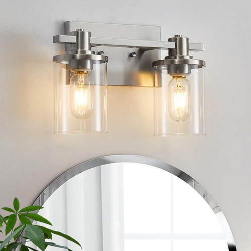 DADUL 2-Light Bathroom Vanity Light, Brushed Nickel Bathroom Lights Fixtures Over Mirror, Vanity Lights Wall Mount with Clear Glass Shade, Modern Wall Sconce for Bathroom DADUL 2-Light Bathroom Vanity Light, Brushed Nickel Bathroom Lights Fixtures Over Mirror, Vanity Lights Wall Mount with Clear Glass Shade, Modern Wall Sconce for Bathroom