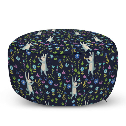 Lunarable Rabbit Pouf Cover with Zipper, Musical Bunny Playing Saxophone in The Forest Among Botanical Blooms Illustration, Soft Decorative Fabric Unstuffed Case, 30" W X 17.3" L, Multicolor
