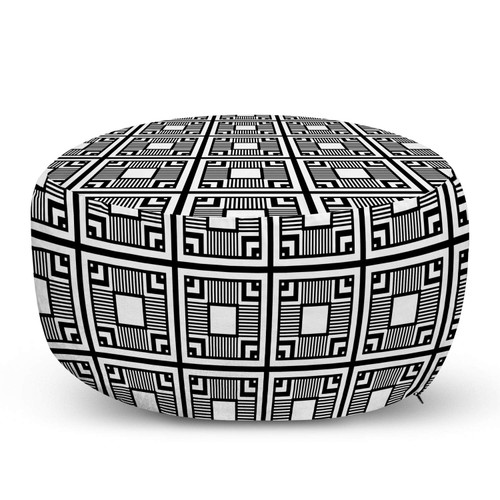 Lunarable Geometric Pouf Cover with Zipper, Monochrome Modern Pattern with Creative Squares Lattice and Stripes, Soft Decorative Fabric Unstuffed Case, 30" W X 17.3" L, Charcoal Grey and White