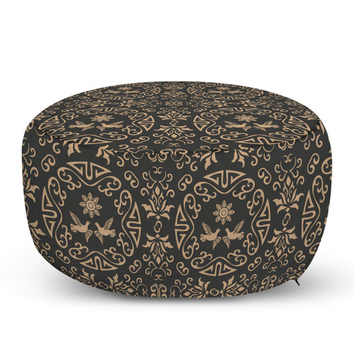 Ambesonne Classical Pouf Cover with Zipper, Oriental Rounds Curves with Pigeons and Ornamental Floral Motifs Repetition, Soft Decorative Fabric Unstuffed Case, 30" W X 17.3" L, Dark Sepia Tan