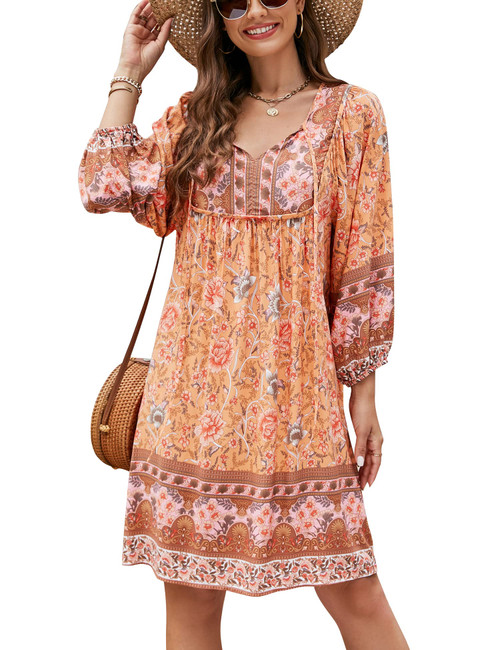 Bluetime Women Summer V Neck Short Dresses 3/4 Long Sleeve Bohemian Dress Flowy Casual Swing Dress (M, Orange)