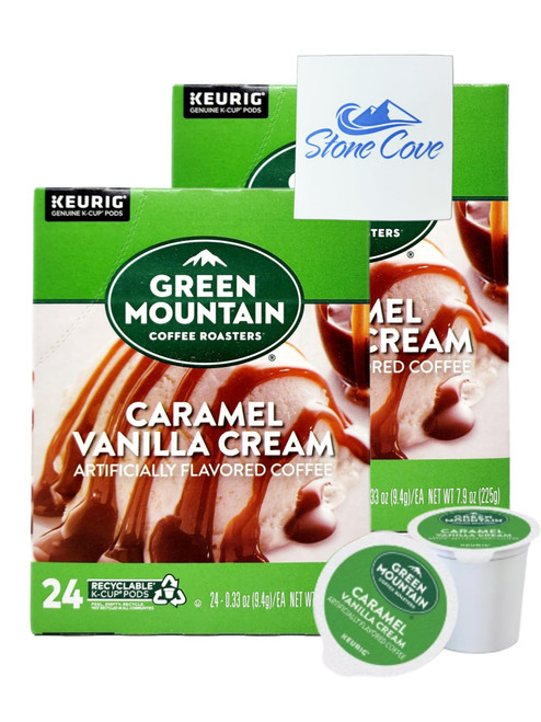 Green Mountain Coffee Caramel Vanilla Cream Coffee K Cups Bundle with Stone Cove Fridge Magnet - 48 Green Mountain K Cups - Recyclable Green Mountain Caramel Vanilla Cream K-Cups (48 Count, Caramel Vanilla Cream)