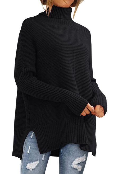 EFAN Oversized Turtleneck Black Sweaters for Women Clothes Trendy Rib Pullover Sweater Dress Long Tunic Sweaters Knit Tops