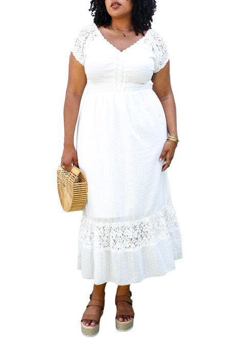 Anna-Kaci Plus Size Peasant Maiden Boho Inspired Cap Sleeve Lace Trim Maxi Dress, White, Large