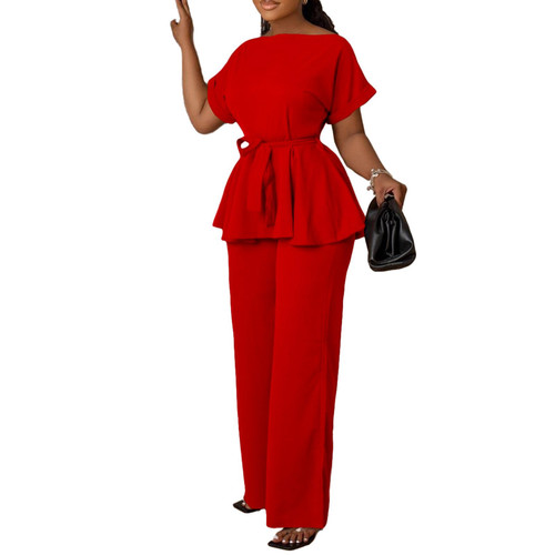 Ekaliy Two Piece Outfits for Women Short Sleeve Crew Neck Ruffle Hem Pullover Peplum Tops Flared Pants Sets Red L