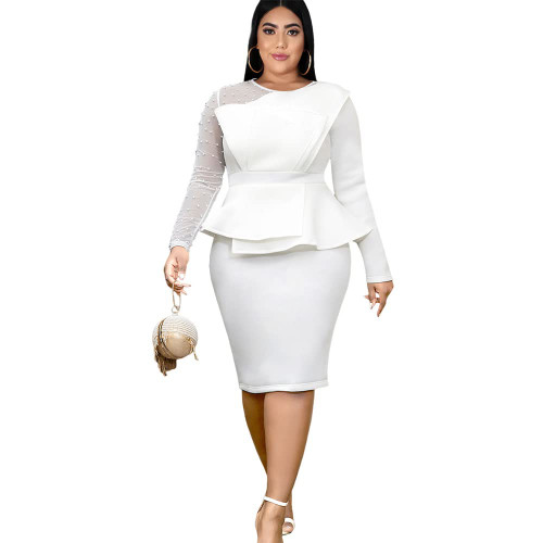 ONTINVA Women's Crew Neck Mesh Patchwork Long Sleeves Peplum Bodycon Dress Irregular Hem Office Evening Cocktail High Waist Pencil Dresses (White,2XL,XX-Large) ONTINVA Women's Crew Neck Mesh Patchwork Long Sleeves Peplum Bodycon Dress Irregular Hem Office Evening Cocktail High Waist Pencil Dresses (White,2XL,XX-Large)
