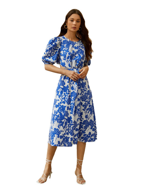 Floerns Women's Cut Out Tie Back Short Sleeve Scoop Neck Floral Print Midi Dress Blue and White S