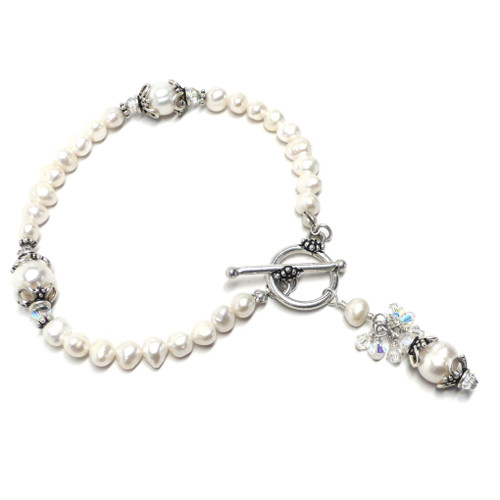 White Cultured Freshwater Pearl Bracelet Sterling Silver Crystal Toggle Clasp White Cultured Freshwater Pearl Bracelet Sterling Silver Crystal Toggle Clasp