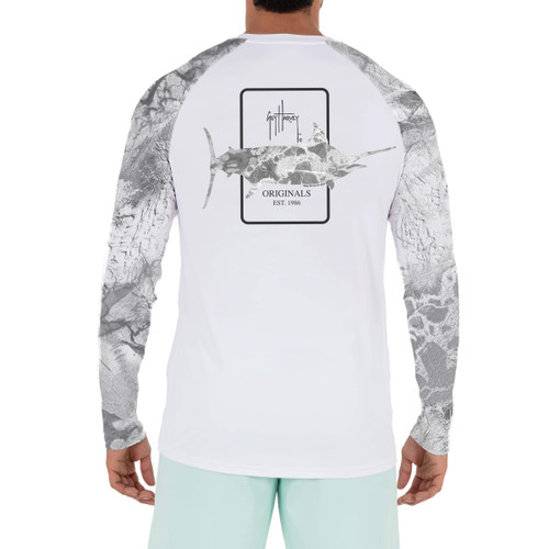 Guy Harvey Men's Box Marlin Sun Protection Long Sleeve Shirt, Bright White/Marlin, Large