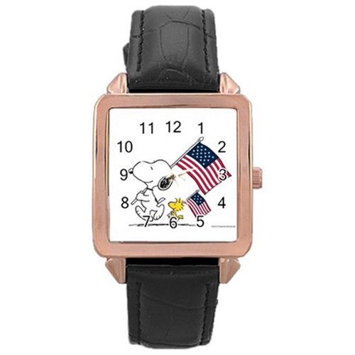 Ultra X Cute Dog Woodstock Patriotic Rose Gold Leather Watch Wristwatch for Gifts Men Women