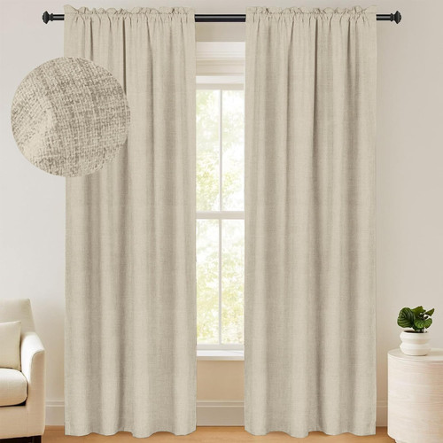 100% Blackout Shield Linen Blackout Curtains 96 Inches Long 2 Panels Set, Blackout Curtains for Bedroom/Living Room, Thermal Insulated Rod Pocket Window Curtains & Drapes, 50W X 96L, Natural Flax