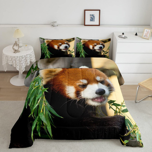 Feelyou Red Panda Bedding Set Cute Animal Pattern Comforter for Kids Boys Girls Teens Red Panda Leaves Print Comforter Set Breathable Nature Quilt Set Bedroom Collection 2Pcs Twin Size