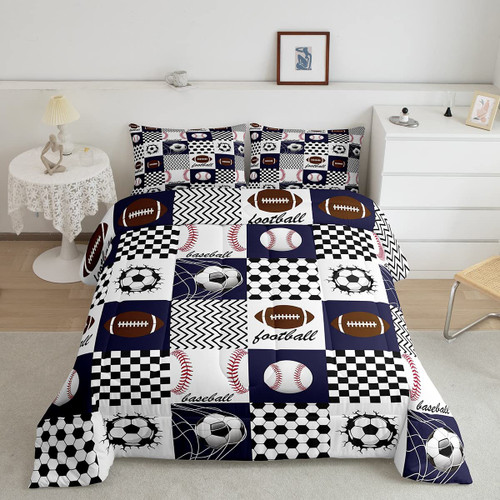 Feelyou 3D Ball Pattern Comforter Set Sports Theme Geometry Plaid Splicing Style Bedding Set for Boys Girls Children 3D Ball Games Athlete Competitive Comforter Room Decor Twin Size Quilt Set