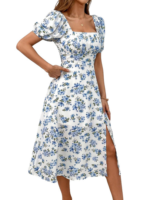 Verdusa Women's Puff Sleeve Square Neck Floral Print Split Midi A Line Dress Blue and White L