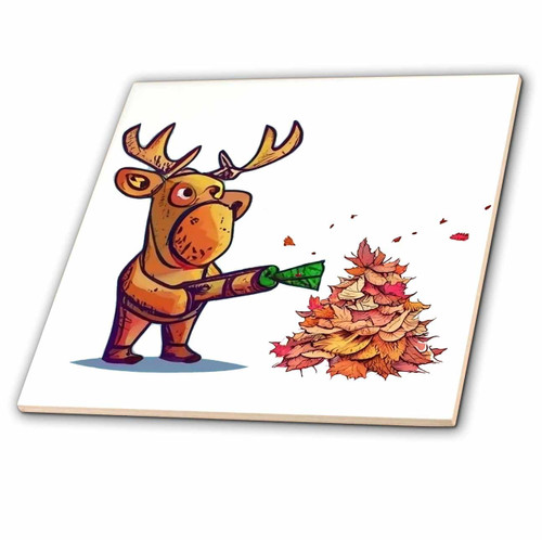 3dRose Cute Cool Colorful Moose Using Leaf Blower Blower Fall Leaves - Tiles (ct-385340-6)