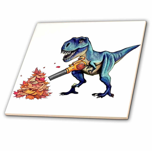 3dRose Funny Cute T-rex Dinosaur Using Leaf Blower Blower Fall Leaves - Tiles (ct-385341-6)