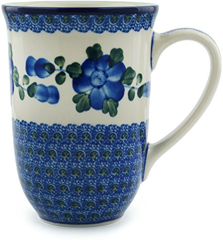 Polish Pottery Mug 17 oz Blue Poppies made by Ceramika Artystyczna