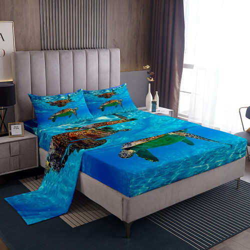 Erosebridal 3D Sea Turtle Bed Sheets Blue Ocean Sheet Set for Kids Child,Nautical Sea Animal Fitted Sheet Aquarium Underwater World Top Sheet Coastal Creature Reptile Bedroom Decor Twin