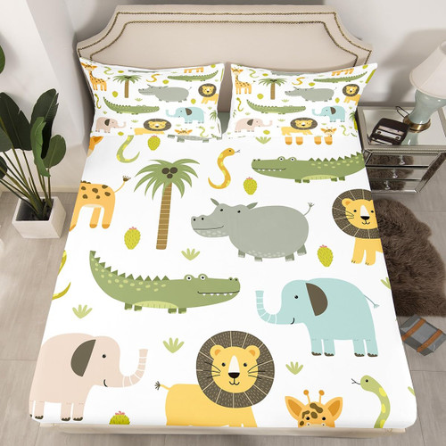 Wild Animals Bedding Set Safari Animals Print Bed Sheet Set for Boys Girls Teens Cute Hippo Crocodile Lion Fitted Sheet Kids Cartoon Elephant Giraffe Bed Cover Room Decor Full Size Wild Animals Bedding Set Safari Animals Print Bed Sheet Set for Boys Girls Teens Cute Hippo Crocodile Lion Fitted Sheet Kids Cartoon Elephant Giraffe Bed Cover Room Decor Full Size