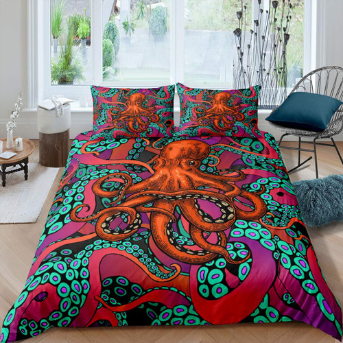 Erosebridal Octopus Duvet Cover Full Size Sea Life Bedding Set Ocean Animal Comforter Cover for Kids Teens Adult Reptile Bedspread Cover Underwater World Oasis Quilt Cover, Red