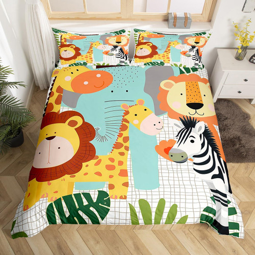 Kids Cute Wild Animals Bedding Set for Girls Boys Children Toddler Cartoon Lion Monkey Elephant Comforter Cover Nursery Zoo Animal Duvet Cover Room Decor Jungle Bedspread Cover Full Size 3Pcs Kids Cute Wild Animals Bedding Set for Girls Boys Children Toddler Cartoon Lion Monkey Elephant Comforter Cover Nursery Zoo Animal Duvet Cover Room Decor Jungle Bedspread Cover Full Size 3Pcs