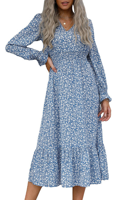 PRETTYGARDEN Long Sleeve Dress for Women, Pleated Maxi Dress V Neck Boho Floral Print Fall Long Dresses (Blue, Medium) PRETTYGARDEN Long Sleeve Dress for Women, Pleated Maxi Dress V Neck Boho Floral Print Fall Long Dresses (Blue, Medium)