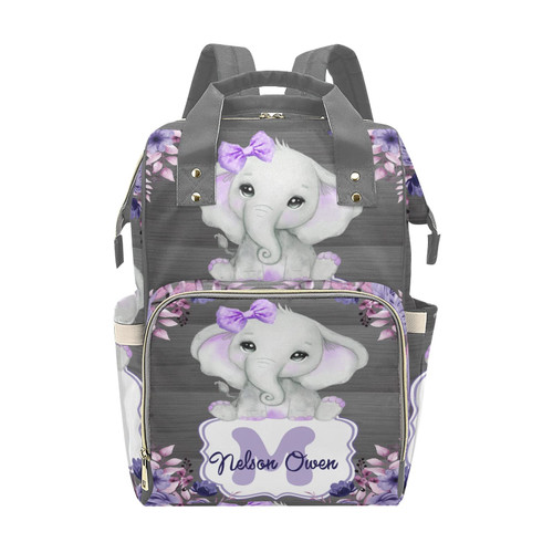 Purple Flower Bow Elephant Monogarm Personalized Name Diaper Bag Backpack,Custom Travel DayPack for Nappy Mommy Bag Gift