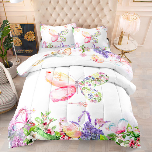 CVHOUSE Butterfly Comforter Set Twin Size,Flower Butterfly Bedding Set for Girls,Floral Butterfly Quilt Set Butterflies Duvet Set Girl's Bedroom Decor 3 Pieces