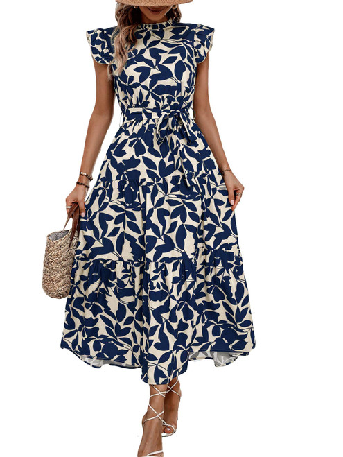 MakeMeChic Women's Casual Floral Print Belted High Waisted A Line Layered Dress Ruffle Cap Sleeve Maxi Long Dress Blue and White Large