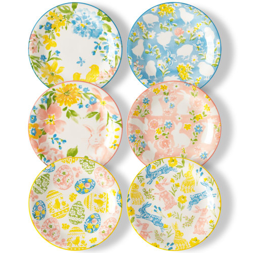 Metahom Easter Dinner Plates, 10 Inch Ceramic Serving Plate Set for Pasta, Steak, Salads, Dishwasher and Microwave Safe, Watercolor Style, Set of 6