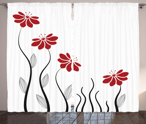 Ambesonne Flower Curtains, Floral Petals with Striped Leaves and Lines Modern Style Geometrical Design Print, Living Room Bedroom Window Drapes 2 Panel Set, 108" X 84", Red Black