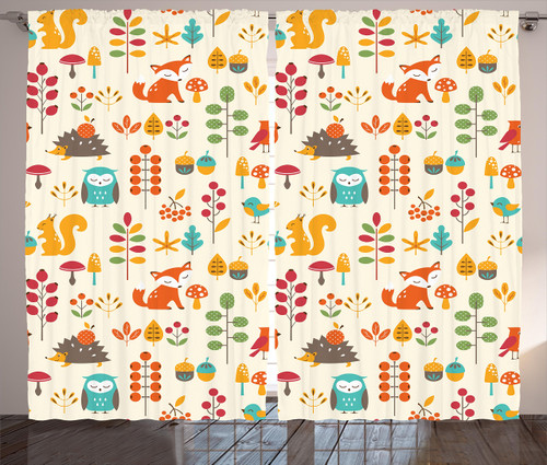 Ambesonne Cartoon Curtains, Autumn Pattern Owl Fox Squirrel Birds Animal Leaves Print, Living Room Bedroom Window Drapes 2 Panel Set, 108" X 84", Cream Orange