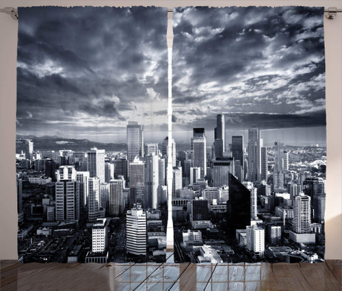 Ambesonne Wanderlust Curtains, Seattle Cityscape Business Buildings Skylines Dark Clouds at Sunset Print, Living Room Bedroom Window Drapes 2 Panel Set, 108" X 84", Monochrome