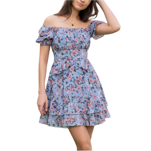 EXLURA Womens Summer Dress Floral Ruffle Tiered Square Neck Sundress Short Sleeve Off Shoulder Smocked Mini Dresses Blue