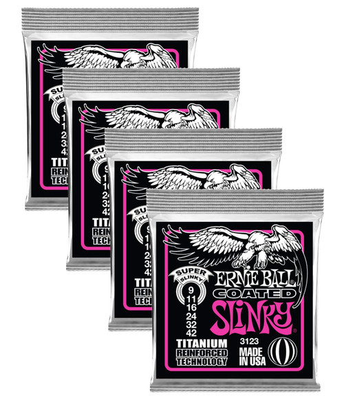 Ernie Ball 3123 Coated Super Slinky Strings9-42, 4 Pack