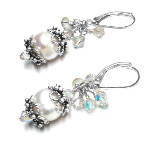 White Cultured Freshwater Pearl Earrings Sterling Silver Crystal Cluster Drop