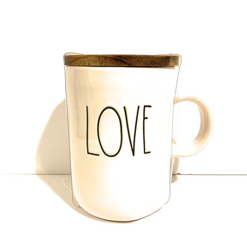 Rae Dunn LOVE Coffee Coaster Mug cup- ceramic - WOOD LID - dishwasher safe - valentine's day