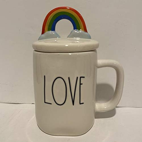 Rae Dunn LOVE mug with RAINBOW Topper - Ceramic - 16 oz