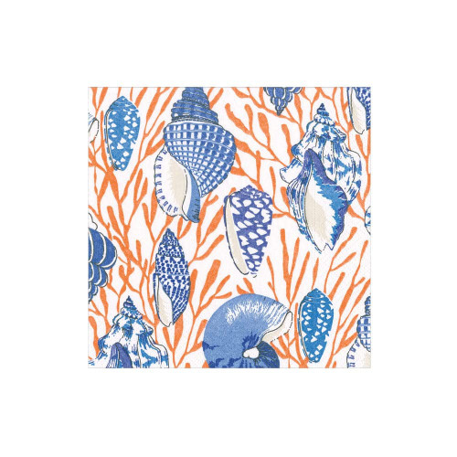 Caspari Shell Toile Boxed Cocktail Napkins in Coral & Blue - 40 Per Box - 3 Packages