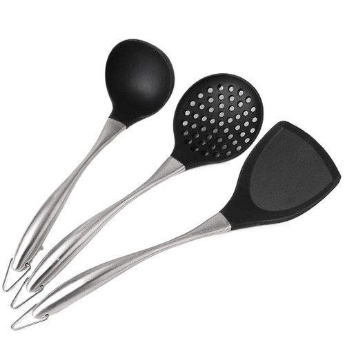 Gravy Soup Spoon Ladles Ladle Cooking Utensils 3-piece Silicone Soup Spoon Slotted Spoon and Spatula Suitable for Kitchen Restaurant Kitchen Utensils Black Cooking Ladle for Soup (Color : A)