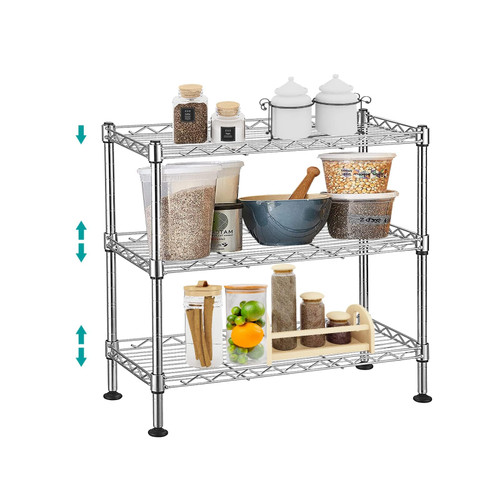 Doredo 3 Tier Adjustable Wire Shelf, 3 Tier Metal Storage Shelves with Leveling Feet, Chrome Wire Rack Shelving Unit, 200Lbs Capacity, 8" D X 18" W X 18" H, for Kitchen, Pantry, Laundry, Basement