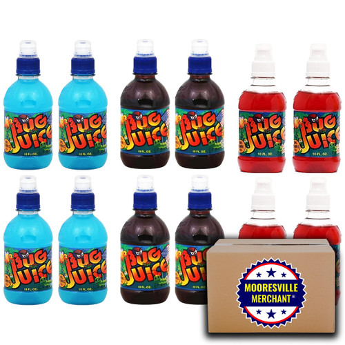 Bug Juice Variety Pack, Berry Raspberry, Fruity Punch, Grapey Grape Fruit Flavored Beverage, 10 fl oz, 12 Plastic Bottles with Mooresville Merchant Decal