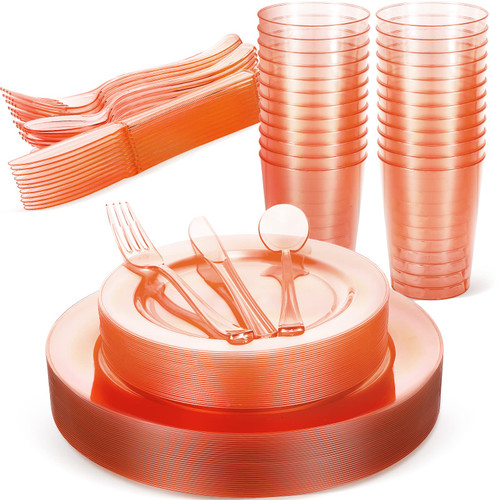 180 Pcs Plastic Dinnerware Set Include 30 Plastic Plates, 30 Dessert Plates, 30 Forks, 30 Knives, 30 Spoons, 30 Plastic Cups, Utensils for Christmas Holiday Party Supplies (Orange) 180 Pcs Plastic Dinnerware Set Include 30 Plastic Plates, 30 Dessert Plates, 30 Forks, 30 Knives, 30 Spoons, 30 Plastic Cups, Utensils for Christmas Holiday Party Supplies (Orange)